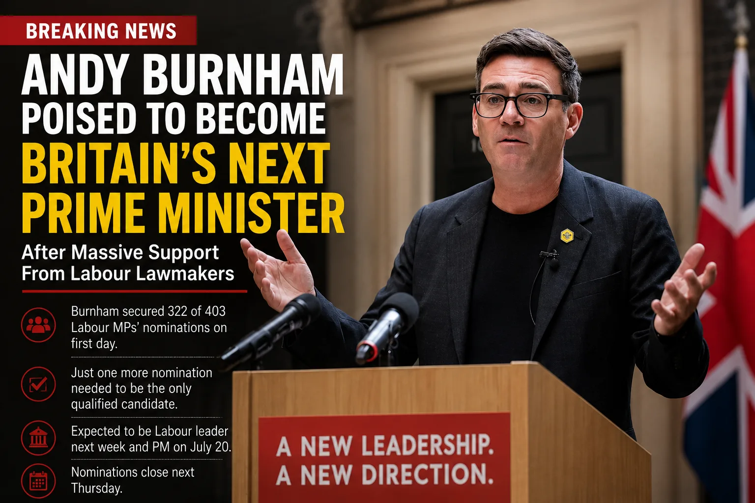 Andy Burnham speaks at a podium as he secures overwhelming Labour support to become Britain's next prime minister.