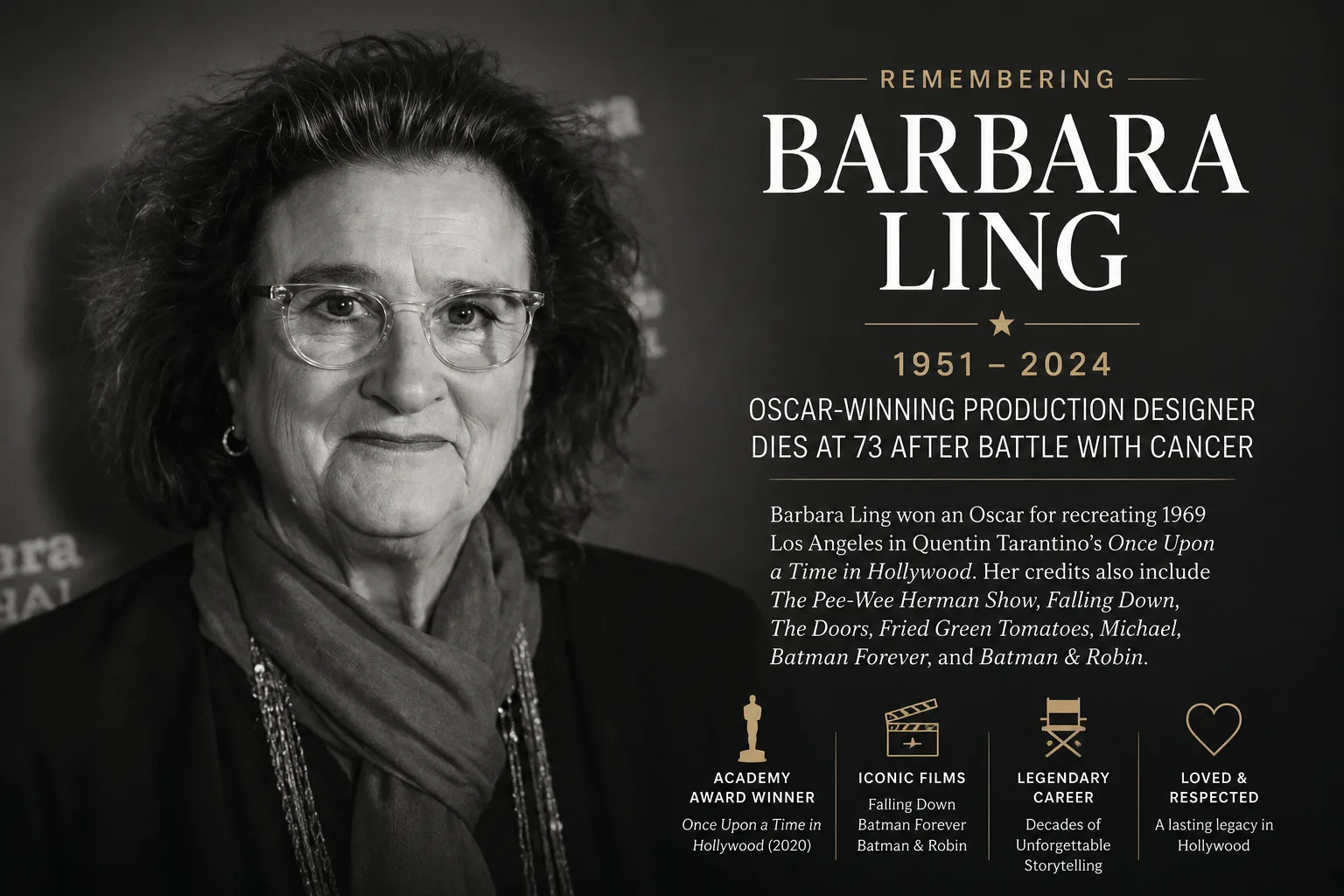Black-and-white portrait of Oscar-winning production designer Barbara Ling, who died at age 73 after a battle with cancer.