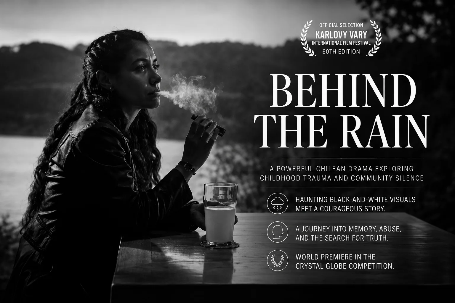 black-and-white cinematic scene from Behind the Rain showing a woman seated outdoors in quiet reflection, capturing the film's haunting atmosphere and emotional themes.