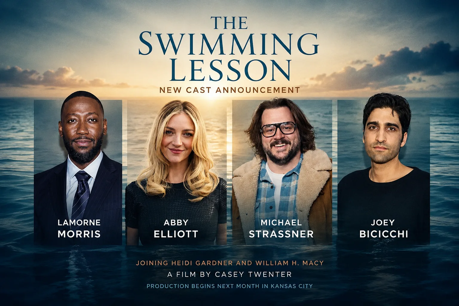 Promotional landscape artwork for The Swimming Lesson featuring Lamorne Morris, Abby Elliott, Michael Strassner, and Joey Bicicchi joining the film's cast.