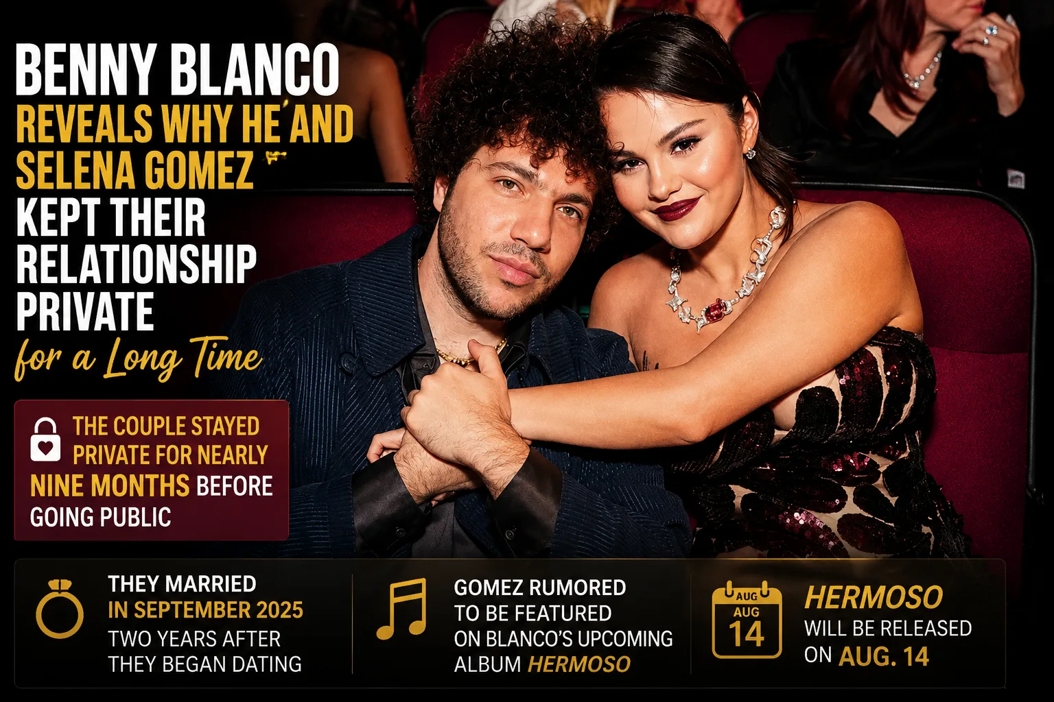 Benny Blanco and Selena Gomez pose together as the producer opens up about why the couple kept their relationship private before going public.