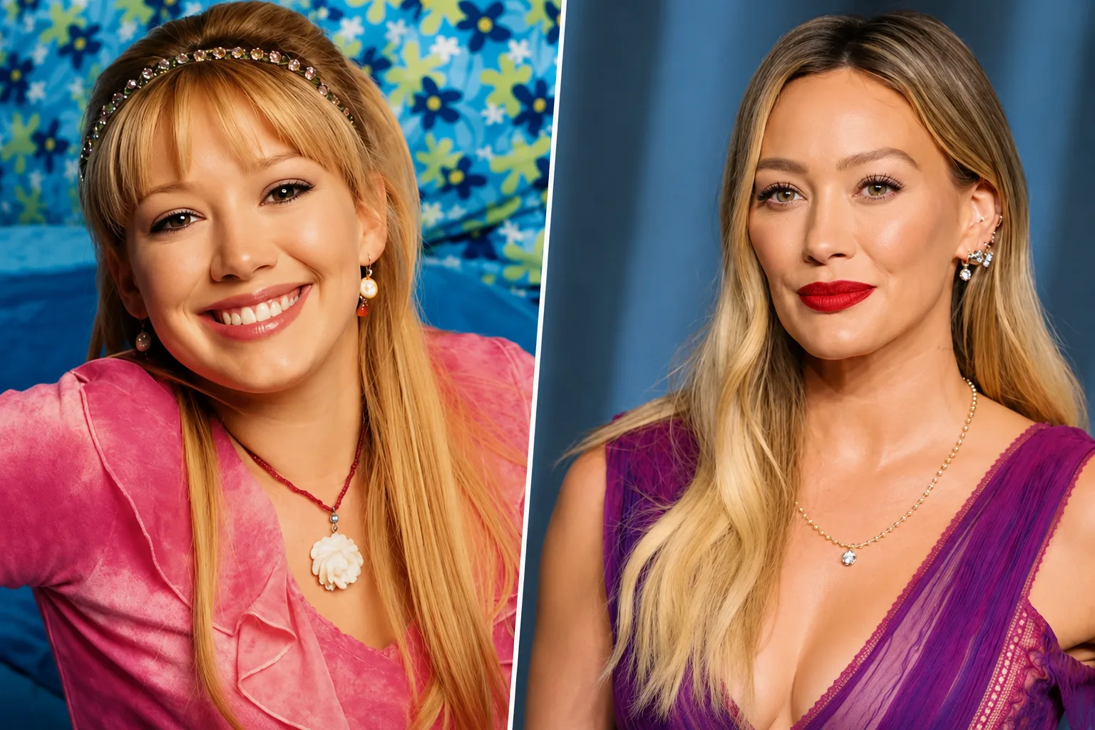Split image of Hilary Duff during her early Disney Channel years and her recent red-carpet appearance, highlighting her lasting career.