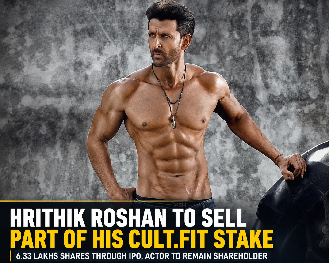 Hrithik Roshan in a promotional image highlighting his partial Cult.fit stake sale through the company's upcoming IPO.