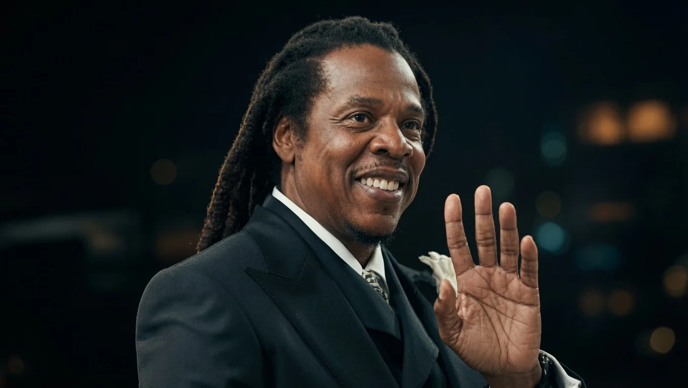 Jay-Z smiles and waves while wearing a black suit during a live appearance connected to his Yankee Stadium concert.