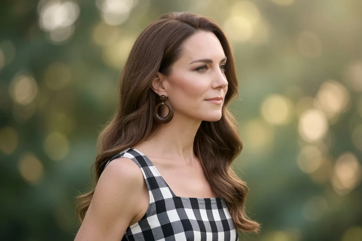 Kate Middleton wearing a black-and-white gingham summer dress during an outdoor appearance.