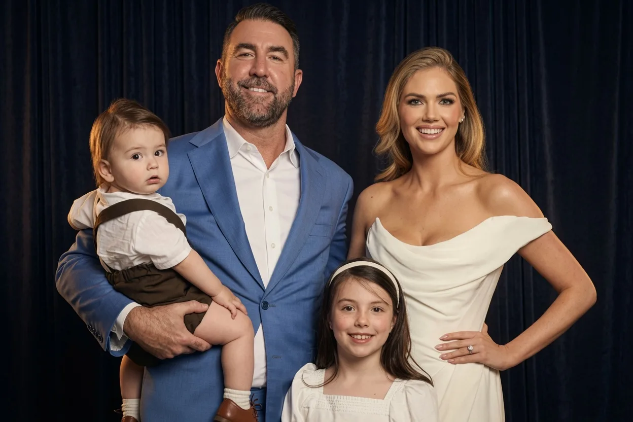 Kate Upton and Justin Verlander pose with their children, Genevieve and Bellamy, on the red carpet during the 2026 MLB All-Star festivities in Philadelphia.