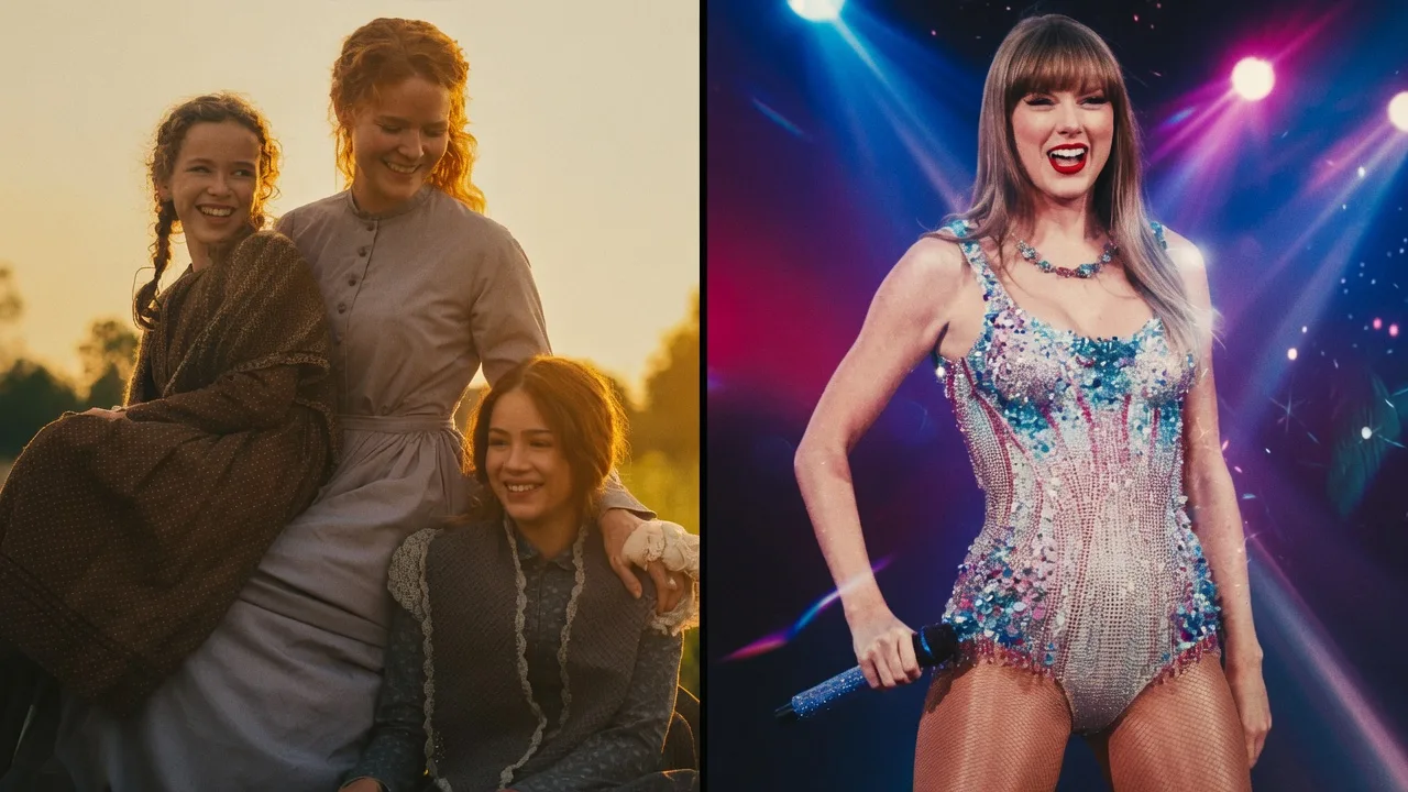 Split image showing the Little House cast together on set alongside Taylor Swift performing on stage, highlighting the cast's shared love of Swift's music.