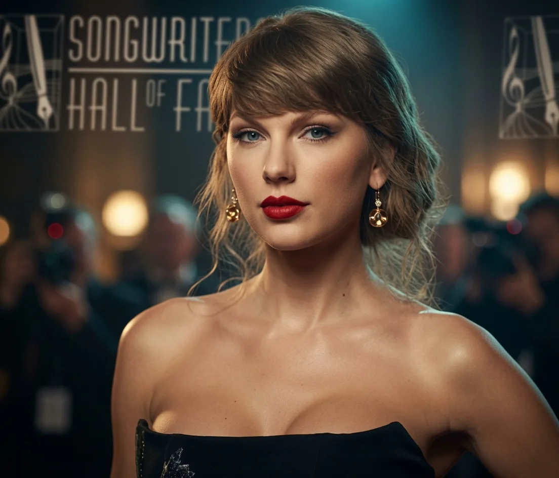 Taylor Swift poses at the Songwriters Hall of Fame induction ceremony where she became the youngest woman inducted at age 36.