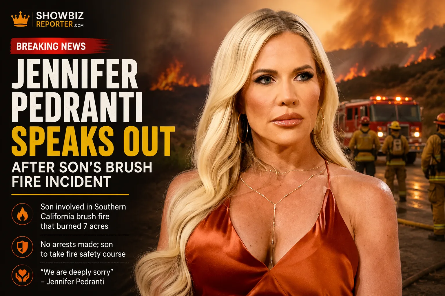 Breaking news graphic featuring Jennifer Pedranti after she addressed her son's involvement in a Southern California brush fire.