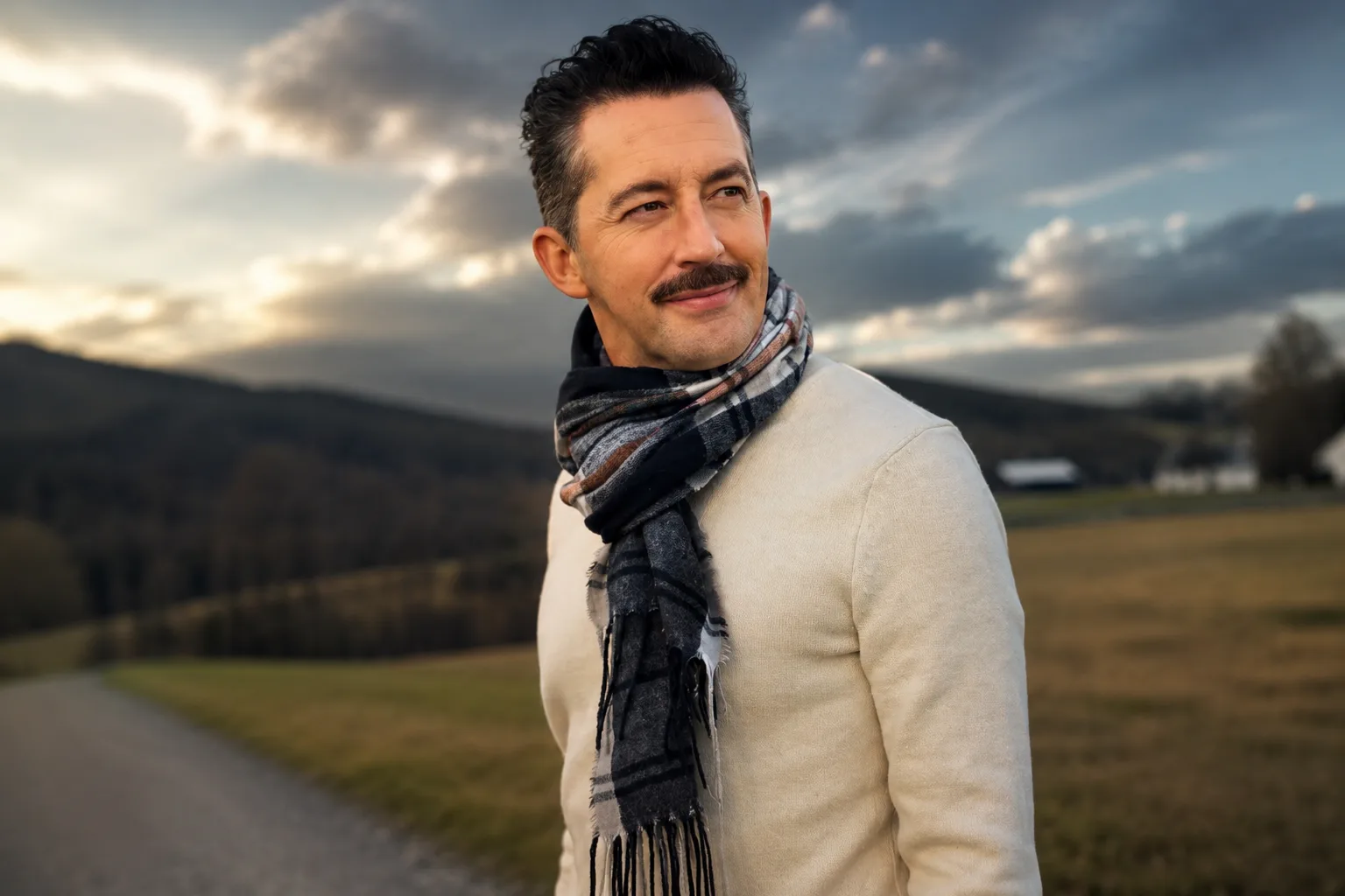 Cinematic portrait of Broadway actor Josh Grisetti standing in a countryside landscape, honoring his life and career.