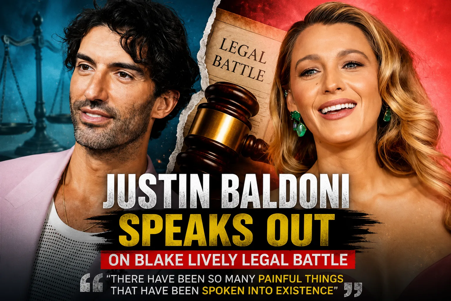 Editorial graphic featuring Justin Baldoni and Blake Lively highlighting Baldoni's public statement about their ongoing legal dispute.