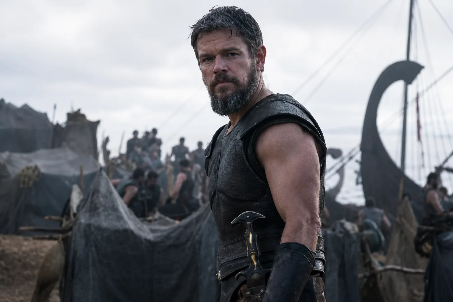 Matt Damon in armor on the set of Christopher Nolan's The Odyssey, portraying the legendary Greek hero Odysseus.