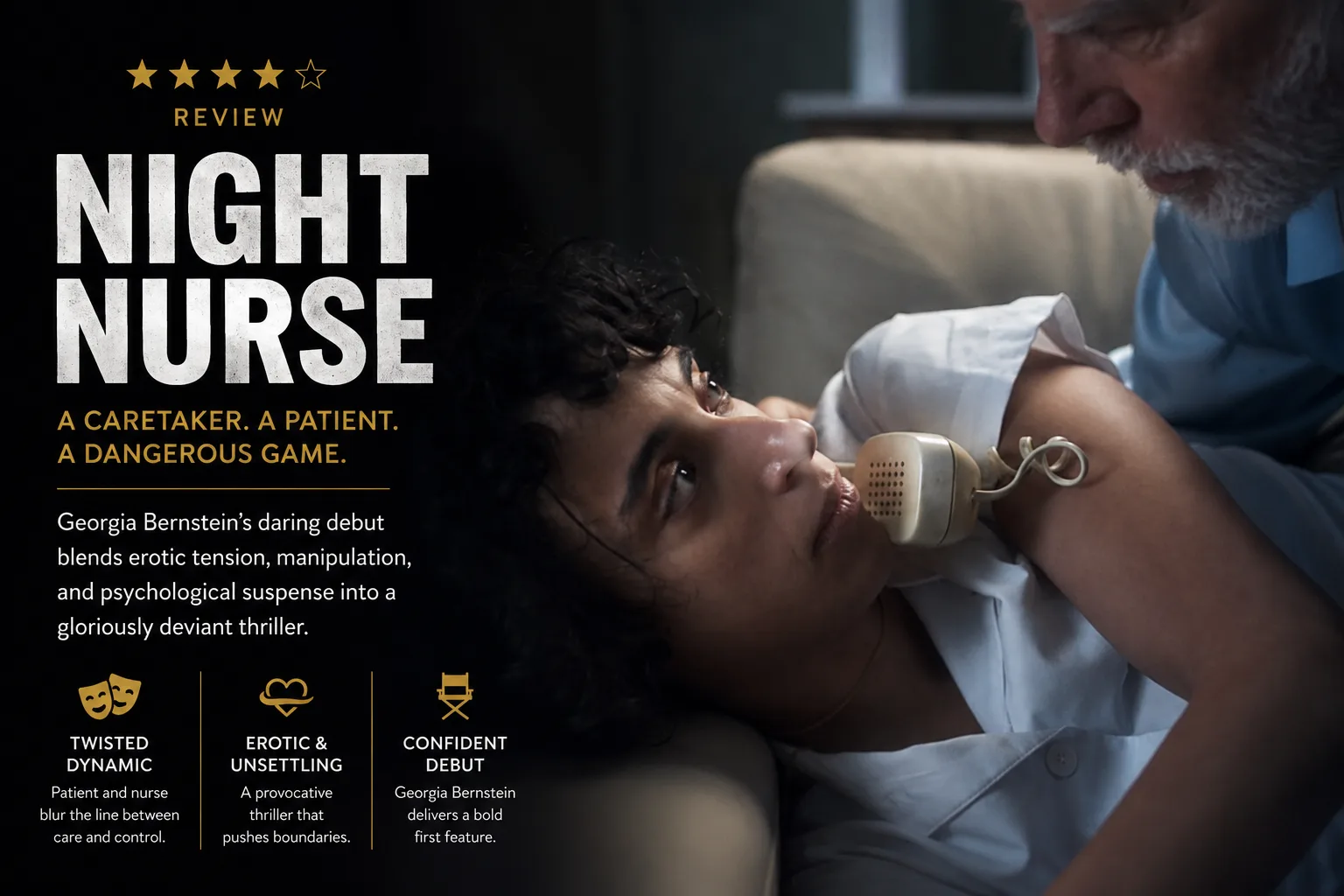 Promotional review image for Night Nurse featuring a tense confrontation between a young caregiver and an elderly patient in a psychological thriller.