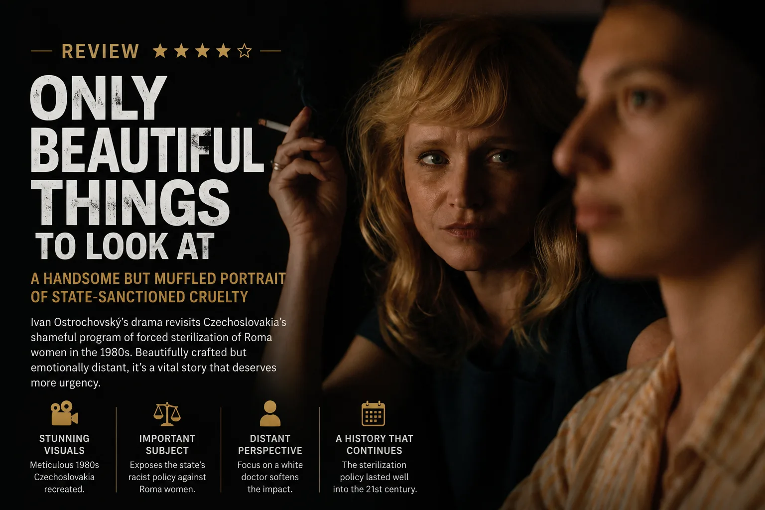 Cinematic feature image from Only Beautiful Things to Look At showing two women in a dimly lit 1980s setting, highlighting the film's emotional and historical themes.