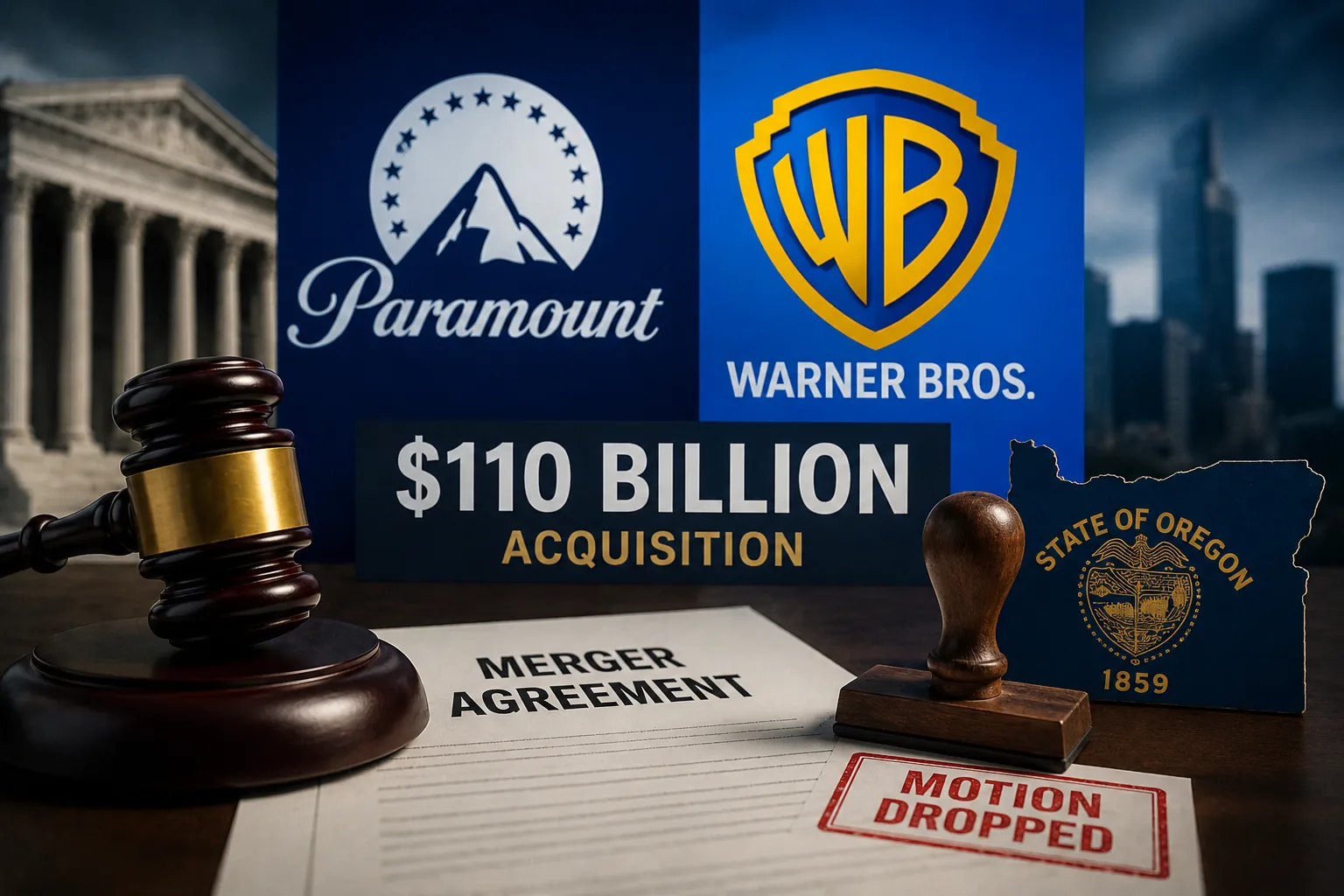 Illustration showing Paramount and Warner Bros branding with a judge's gavel and merger documents representing Oregon's withdrawal of its motion to delay the proposed $110 billion acquisition.