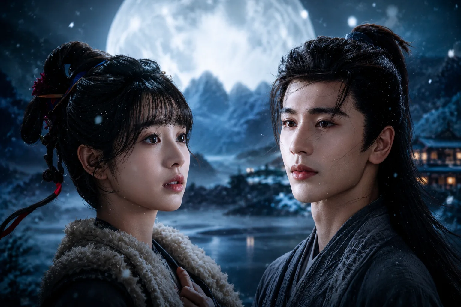 Lead characters from Pursuit of Jade in a cinematic moonlit historical fantasy setting with snowy mountains and dramatic atmosphere.