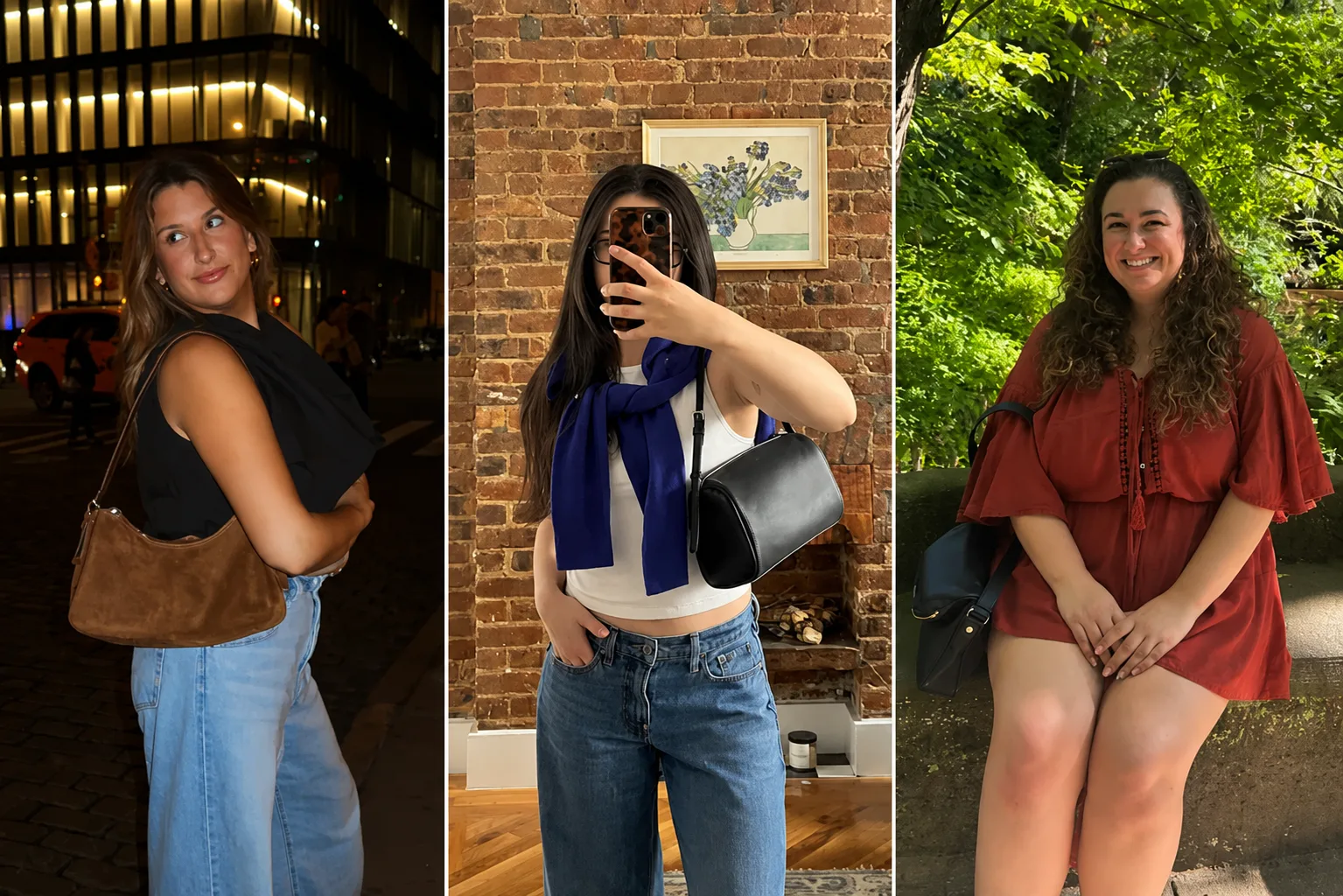 Three women styling Quince shoulder bags in everyday outfits, showcasing versatile crossbody and shoulder bag looks.