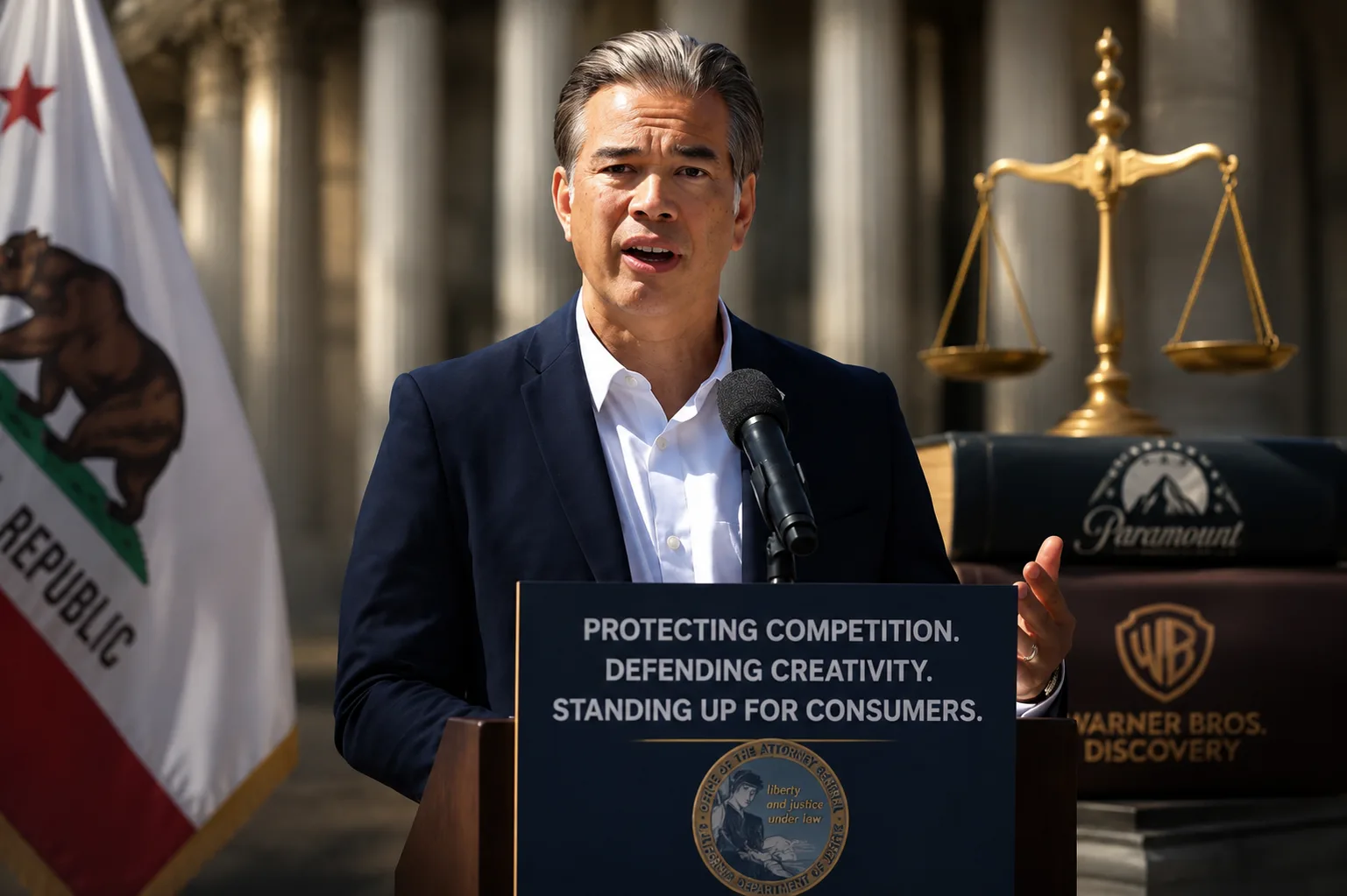 California Attorney General Rob Bonta delivers a speech announcing legal action against the proposed Paramount-Warner Bros. Discovery merger.