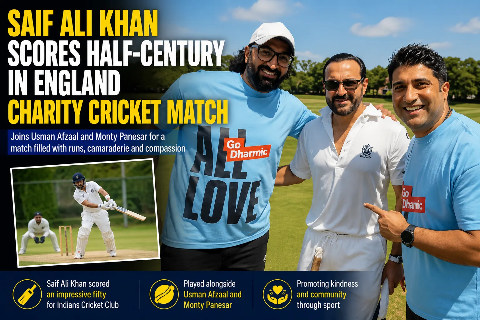 Saif Ali Khan celebrates after scoring a half-century during a charity cricket match in England alongside former England cricketers Usman Afzaal and Monty Panesar.