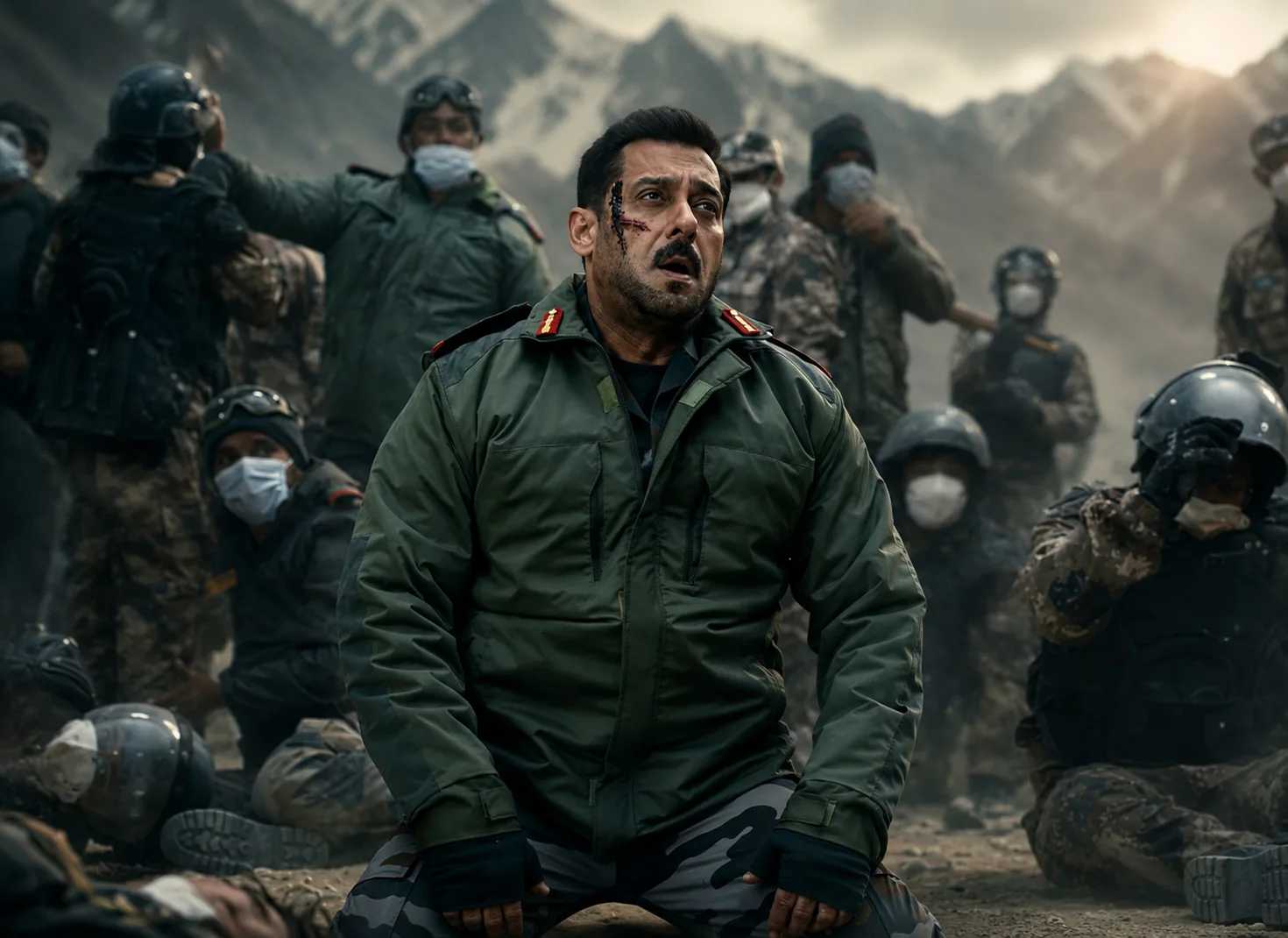 Salman Khan in a dramatic battlefield scene from Maatrubhumi, the delayed war drama based on the 2020 Galwan conflict.