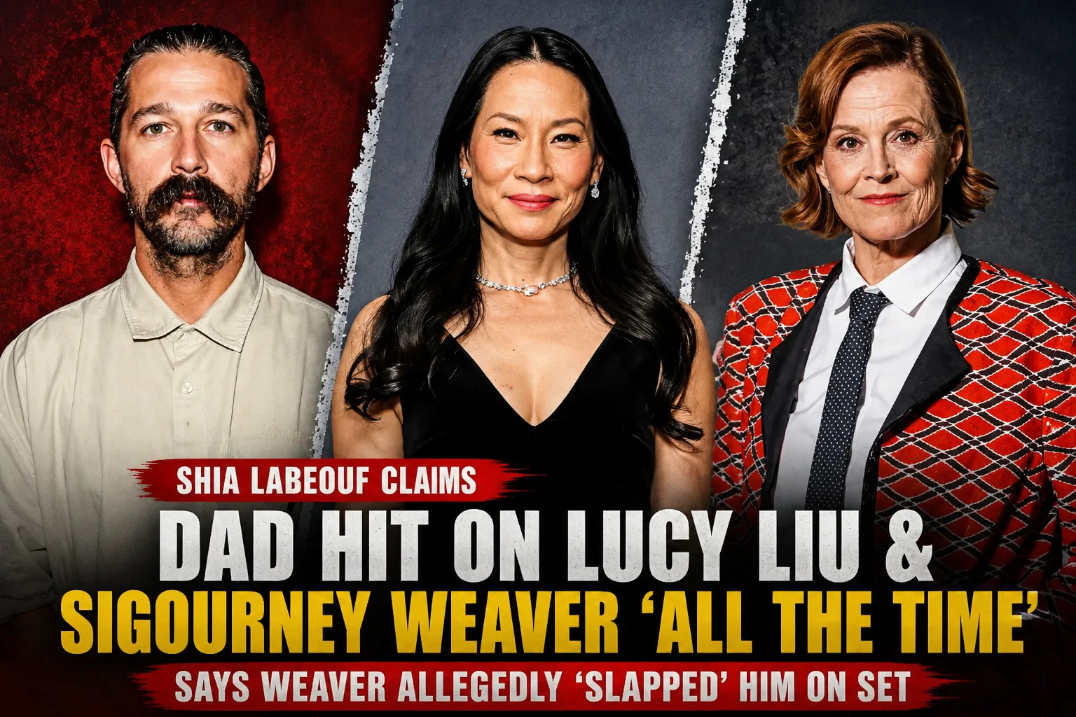 Shia LaBeouf, Lucy Liu and Sigourney Weaver featured in a collage for a story about LaBeouf's claims regarding his father's alleged behavior toward his former co-stars.