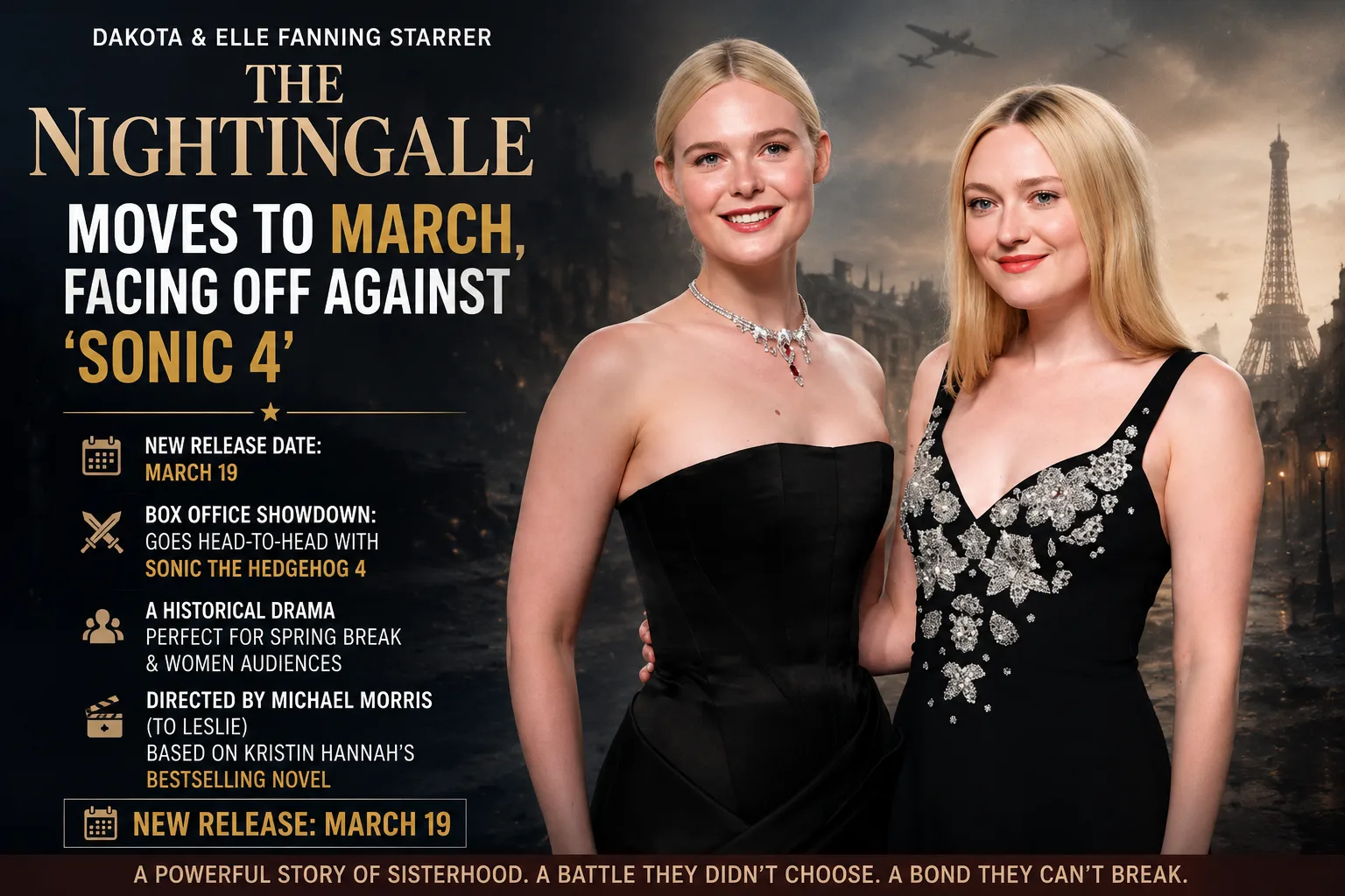 Dakota Fanning and Elle Fanning pose together in a promotional image for the WWII drama The Nightingale, which has moved to a March theatrical release.