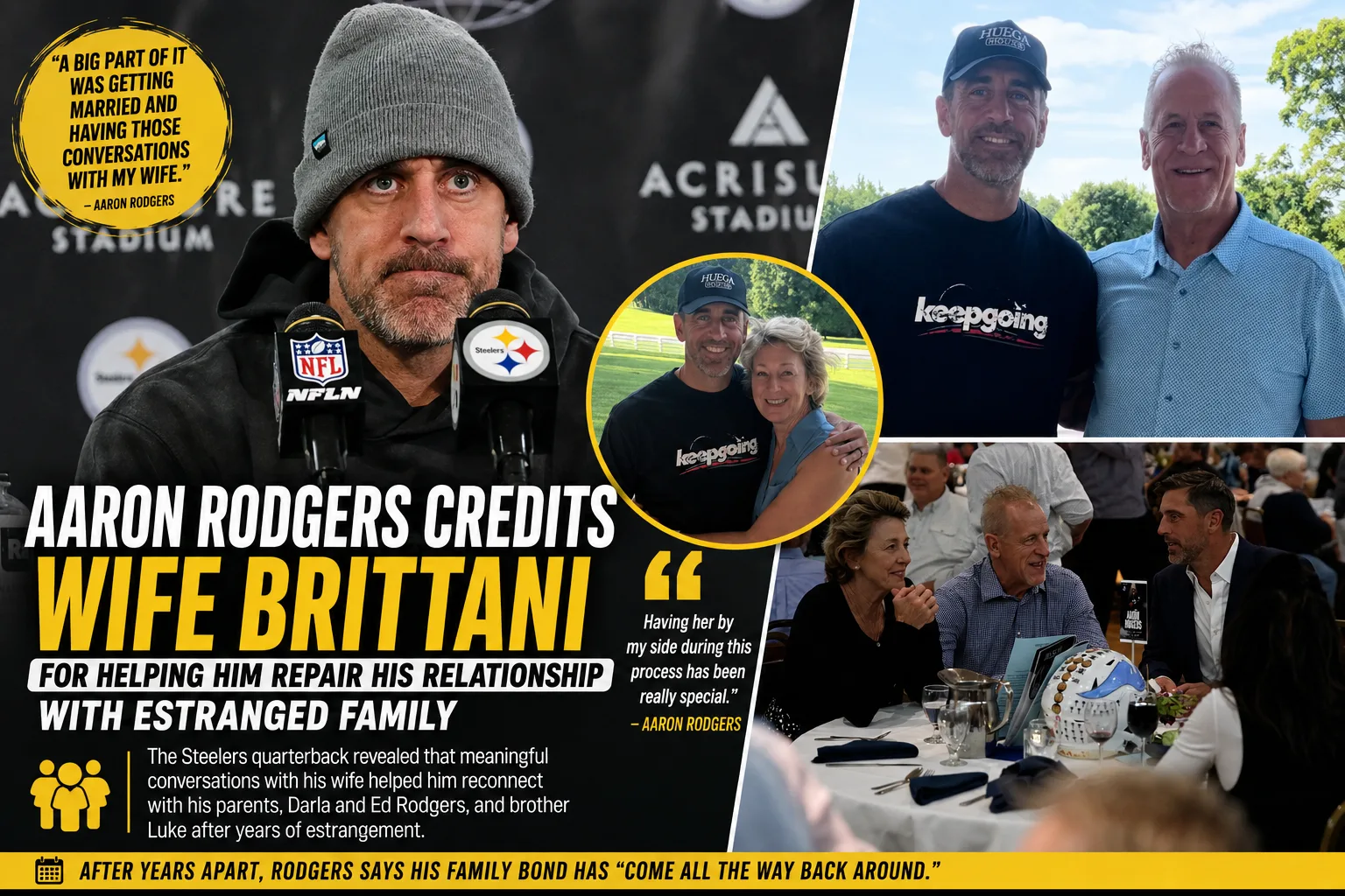Aaron Rodgers in a featured collage with family reunion photos after revealing wife Brittani helped him reconnect with his estranged parents and brother.