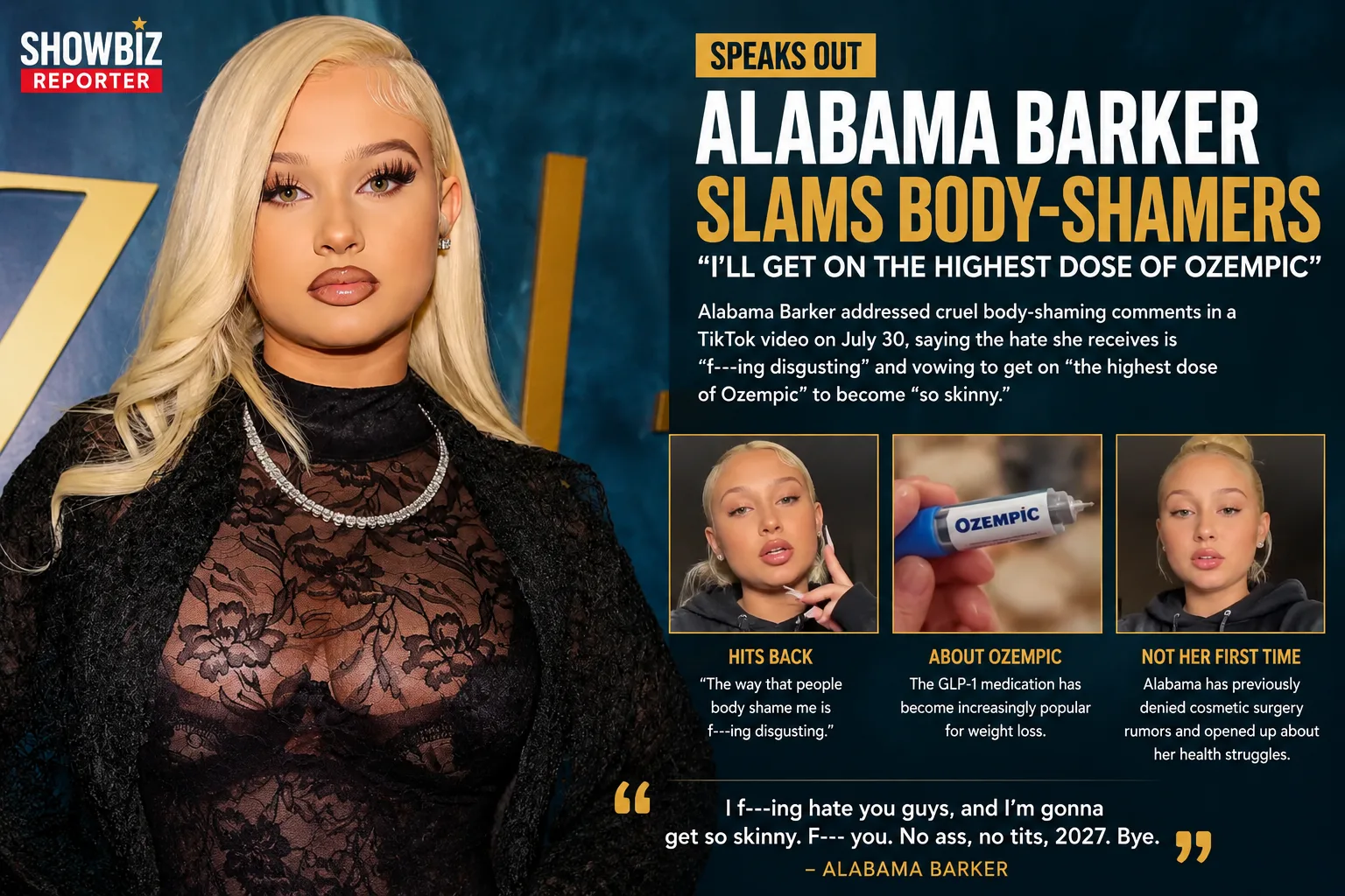 Alabama Barker in a Showbiz Reporter news graphic discussing her response to body-shaming and comments about using Ozempic.