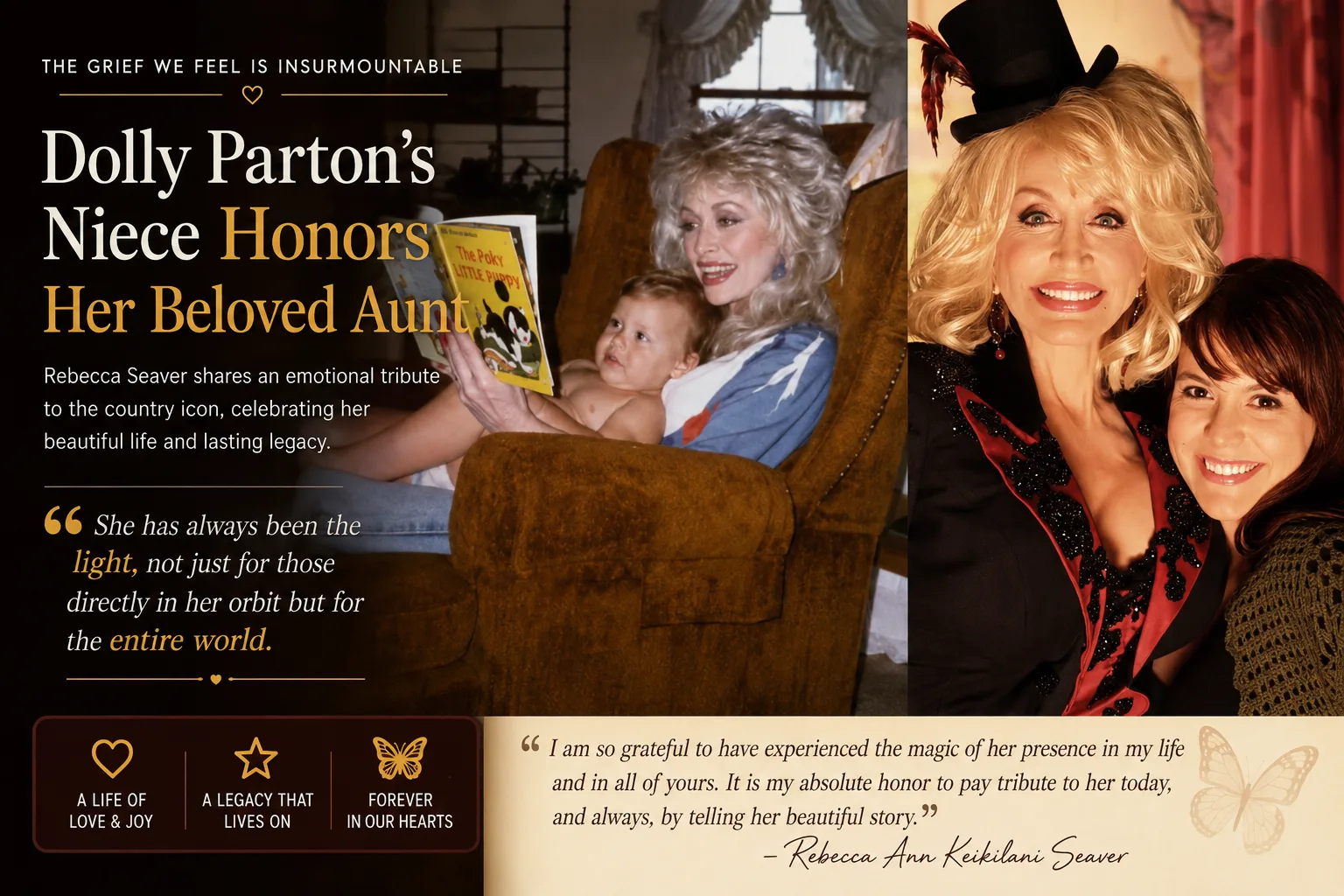 Dolly Parton pictured in nostalgic and recent family photos as her niece Rebecca Seaver pays an emotional tribute celebrating her life and legacy.
