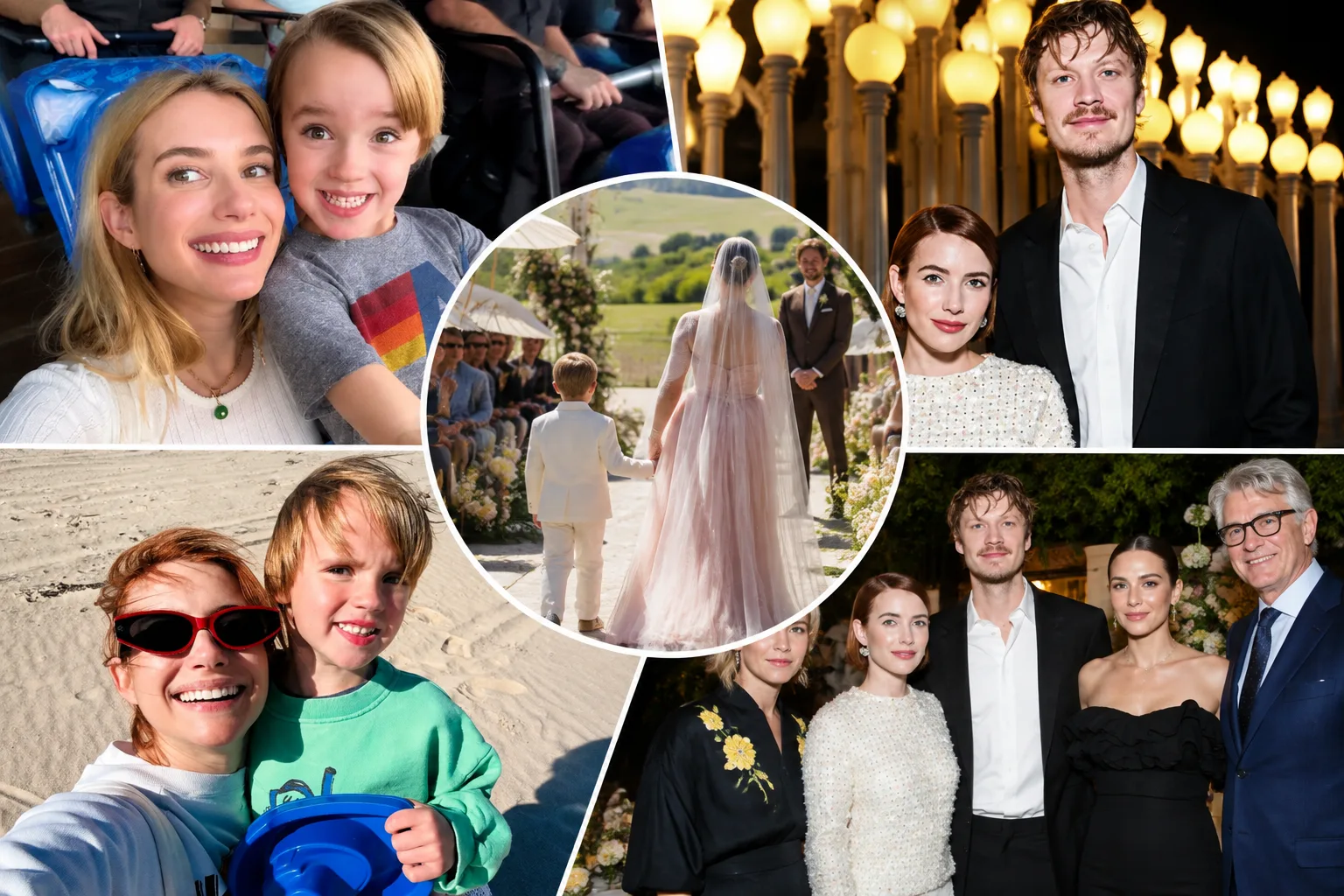 Emma Roberts with her son Rhodes and husband Cody John in a collage highlighting family moments and their Idaho wedding celebration.