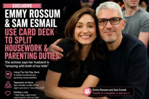 Emmy Rossum and husband Sam Esmail smile together as the actress discusses how they divide parenting and household responsibilities using The Fair Play Deck.