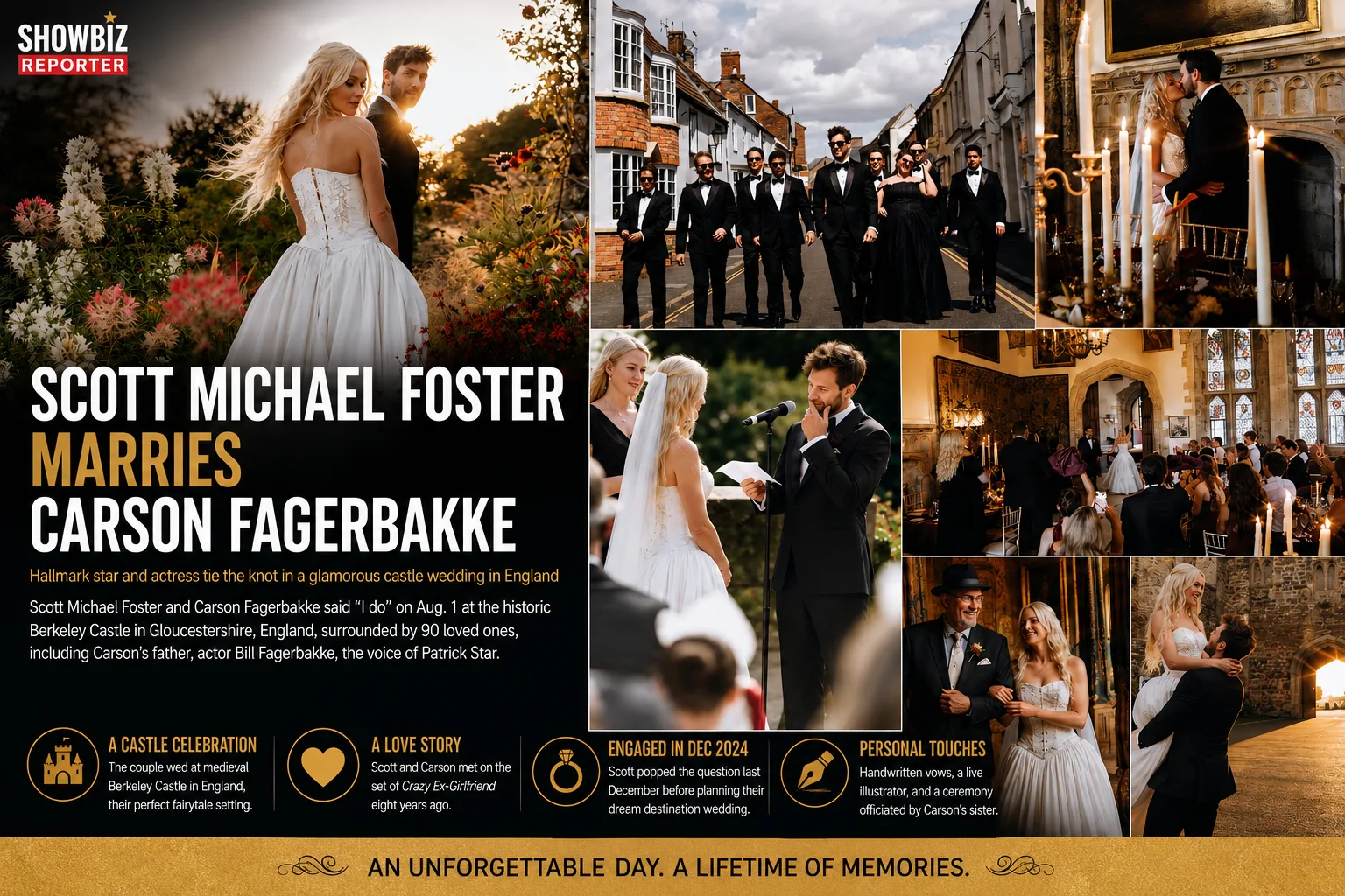 Scott Michael Foster and Carson Fagerbakke celebrate their romantic wedding at Berkeley Castle in England, featuring ceremony, reception, vows, and wedding portraits.