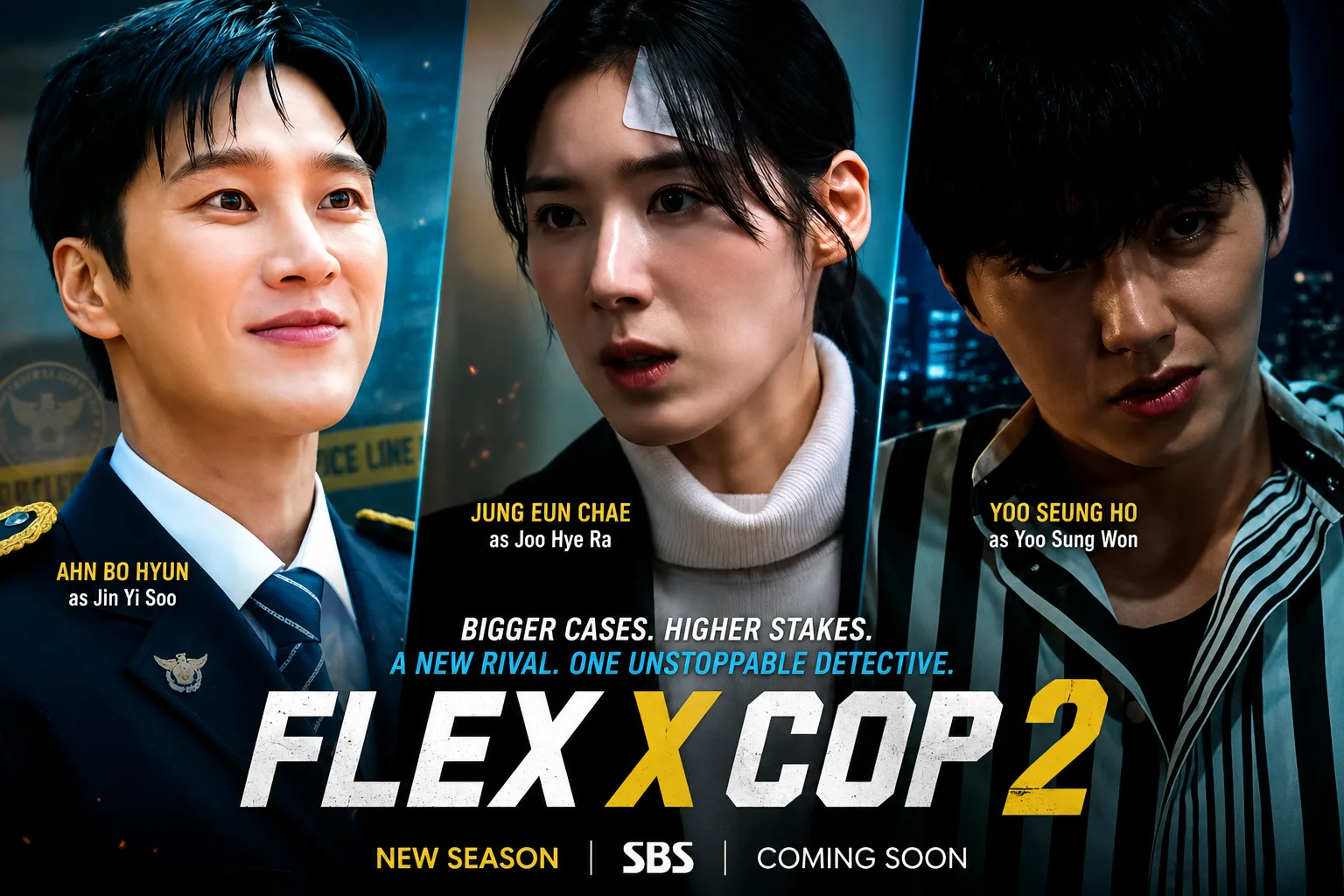 Ahn Bo Hyun, Jung Eun Chae, and Yoo Seung Ho appear in the official teaser for Flex X Cop 2, previewing intense investigations and rising tension.