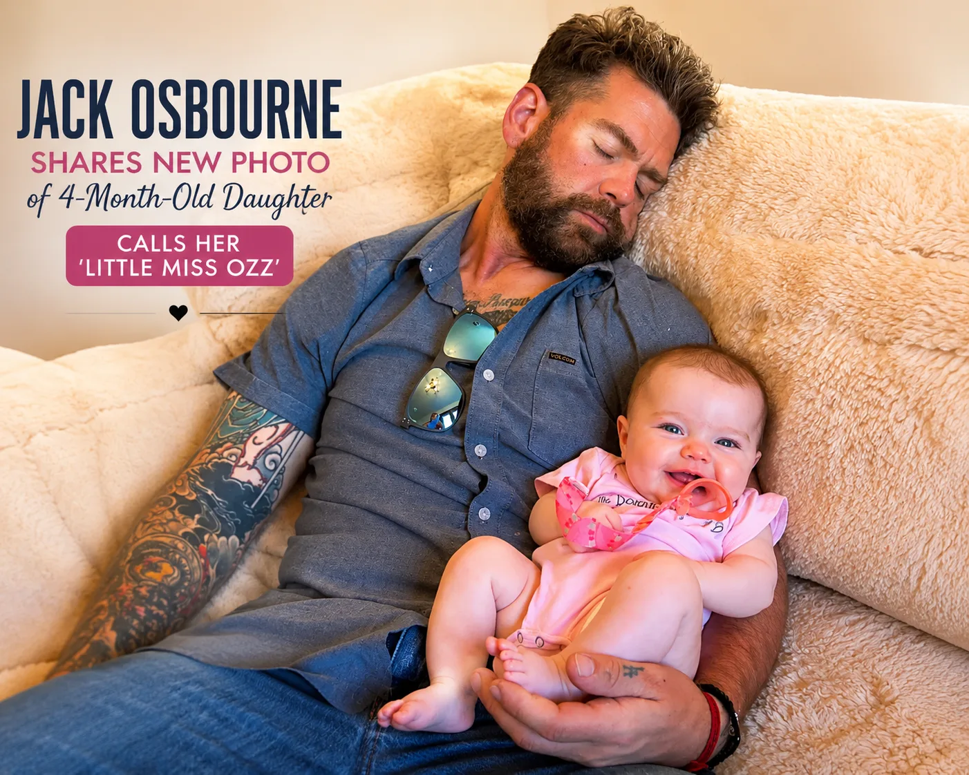 Jack Osbourne peacefully holds his four-month-old daughter Ozzy Matilda while they nap together on a cozy couch in a heartwarming family moment.