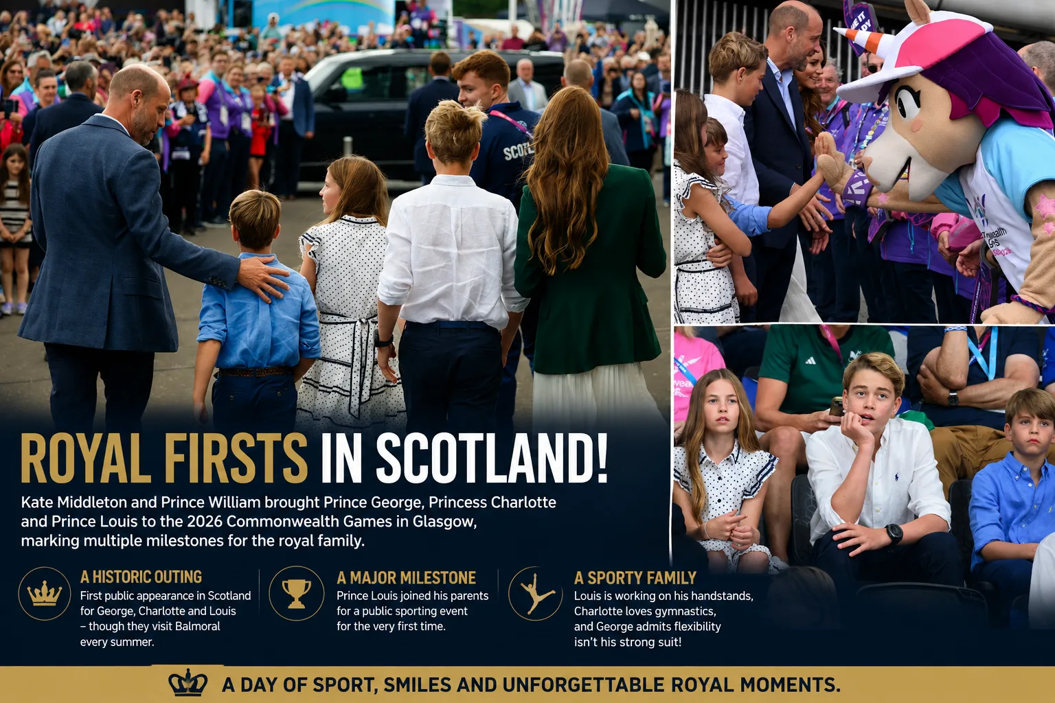 Prince William, Kate Middleton, Prince George, Princess Charlotte and Prince Louis attend the 2026 Commonwealth Games in Scotland during a milestone royal family outing.