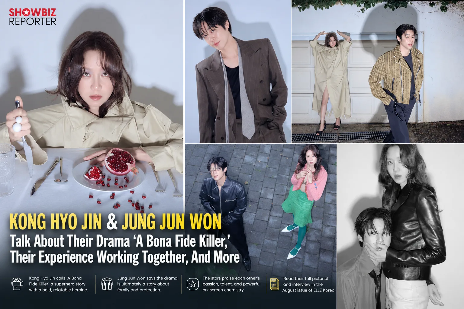 Kong Hyo Jin and Jung Jun Won pose in a stylish ELLE Korea photoshoot while promoting the action K-drama A Bona Fide Killer.