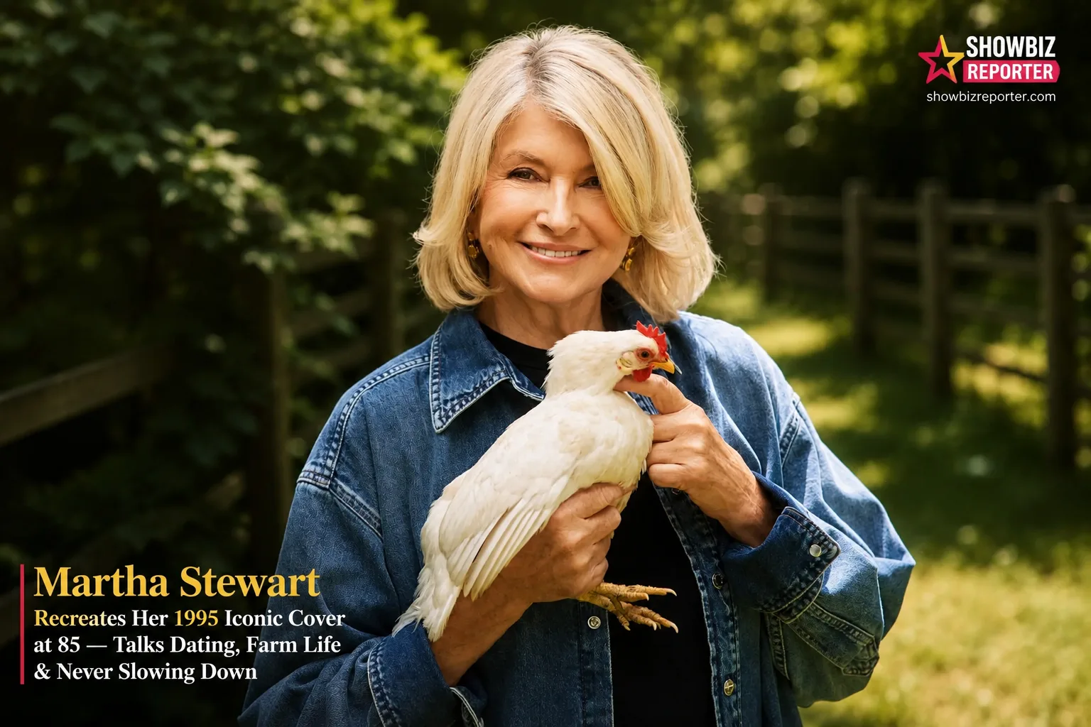 Martha Stewart holding a white chicken on her Bedford farm while recreating her iconic 1995 magazine cover for Showbiz Reporter.