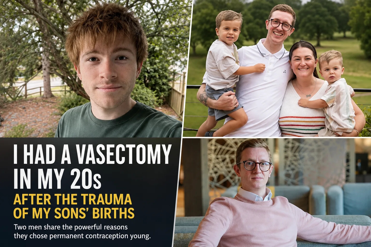 Collage featuring Alex West with his family, Sam Knight, and Alex West discussing why they chose vasectomy after personal experiences with parenthood.