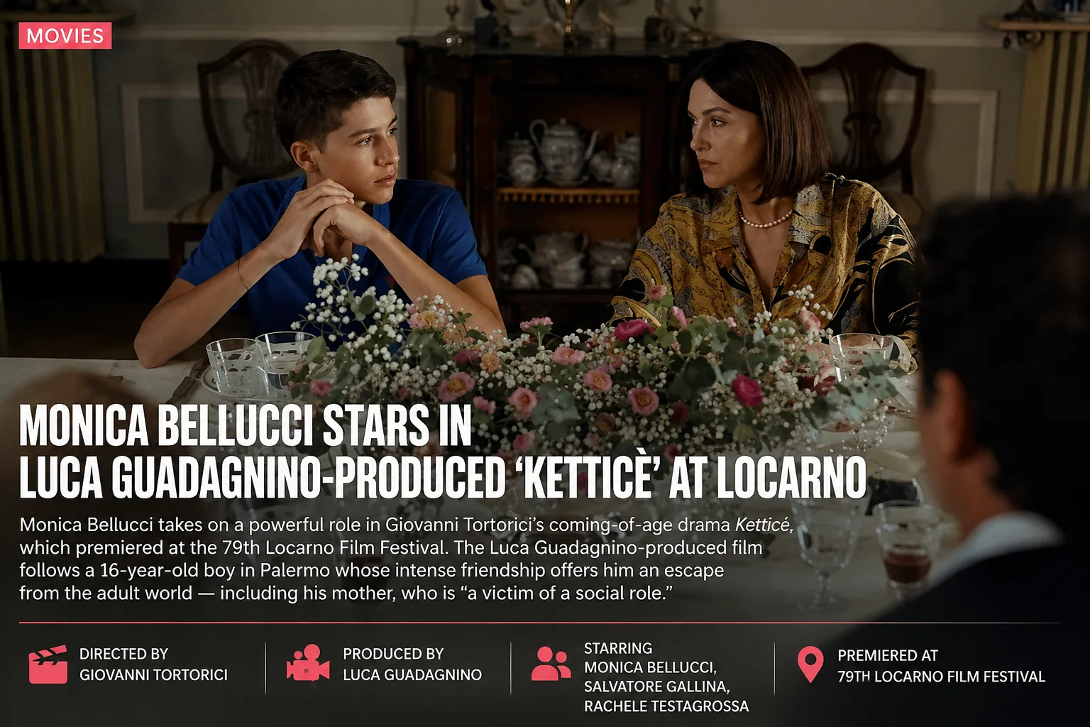 Monica Bellucci and a teenage boy sit at a formal dinner table in a scene from Ketticè, the Luca Guadagnino-produced coming-of-age film.