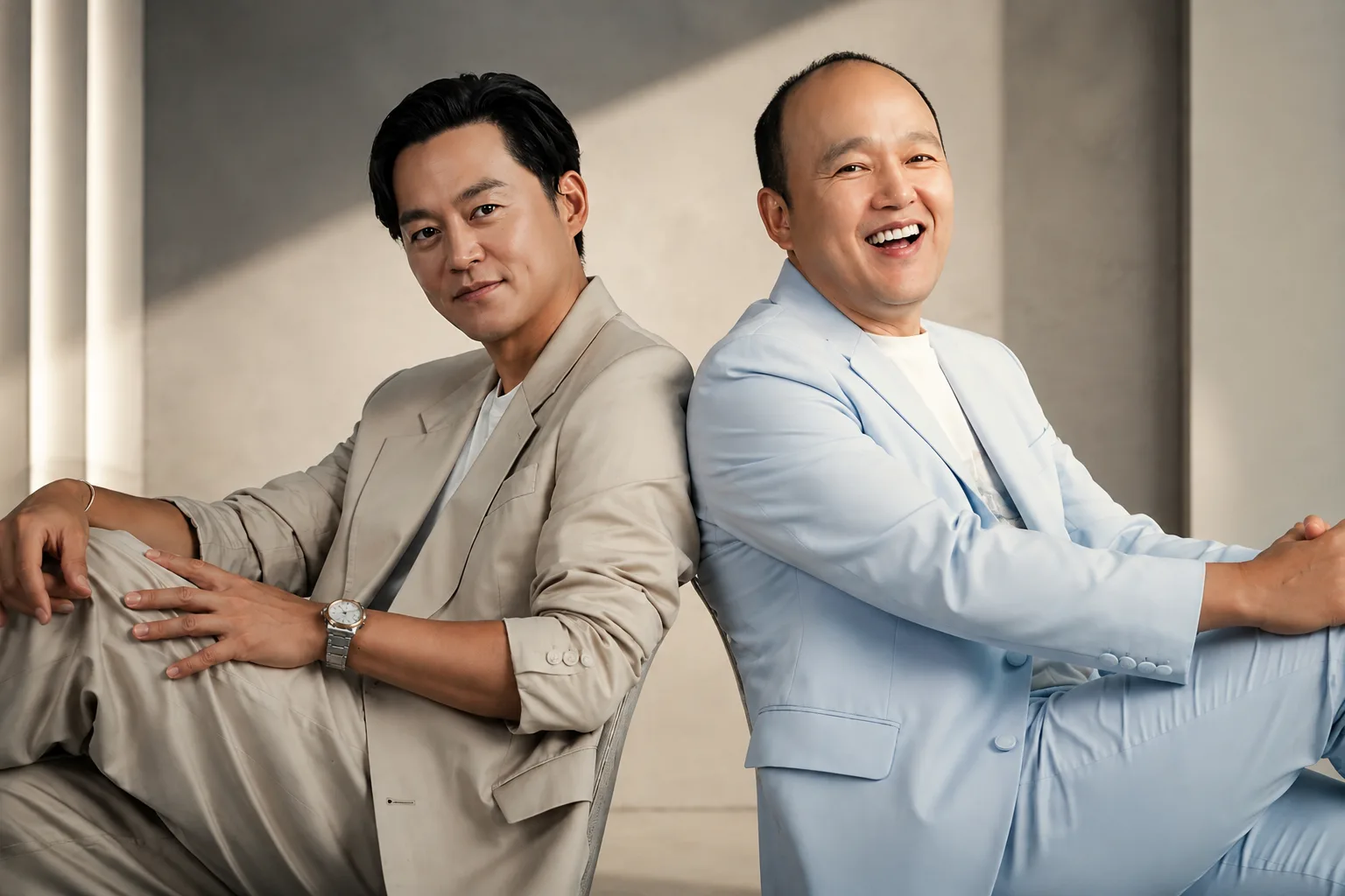 Lee Seo Jin and Kim Kwang Kyu pose together in a professional promotional portrait for the SBS variety show My Genie Secretary.