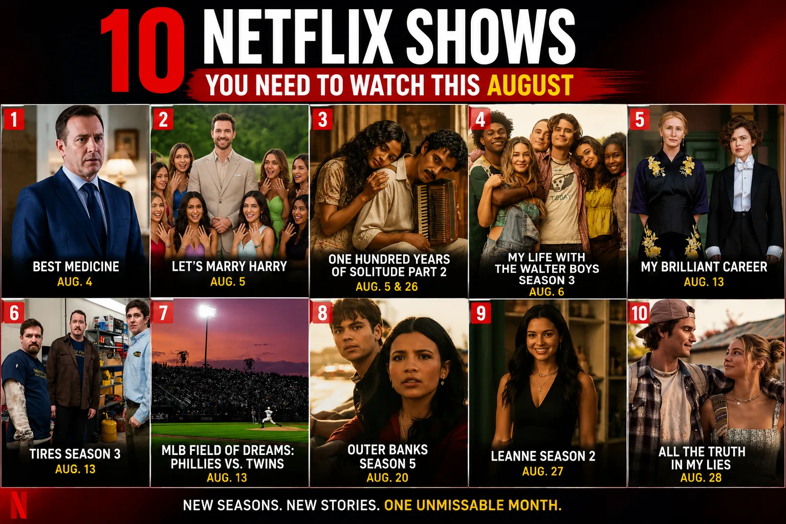 Collage featuring the top 10 Netflix shows premiering in August 2026, including My Life with the Walter Boys, Outer Banks, Tires, Leanne, Best Medicine, Let's Marry Harry, One Hundred Years of Solitude, My Brilliant Career, All the Truth in My Lies, and MLB Field of Dreams.