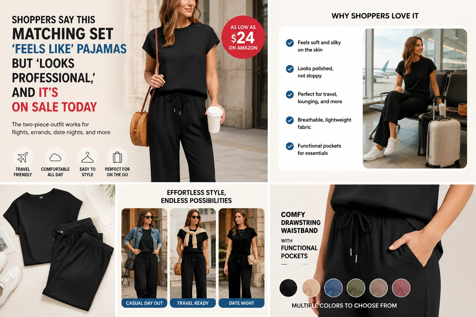 Woman wearing the black Sampeel two-piece matching set featuring a crewneck top and wide-leg drawstring pants, styled for travel, work, and casual everyday wear.