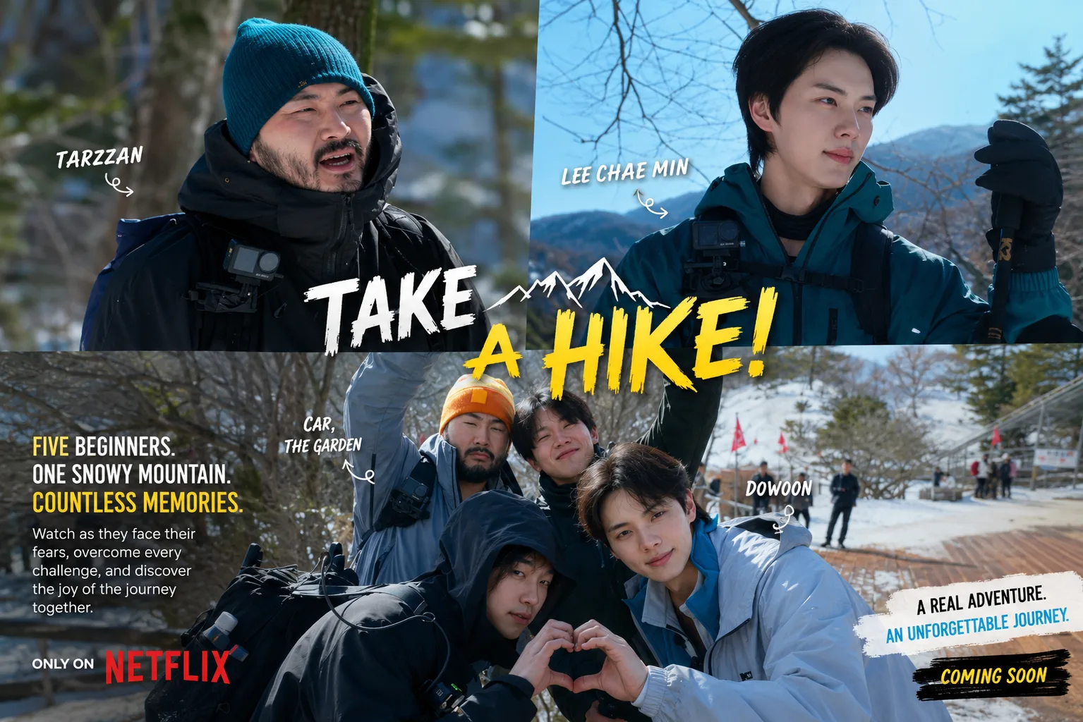Promotional poster for Netflix's Take A Hike! featuring Lee Chae Min, Dowoon, Car, the garden, and Tarzzan during a snowy mountain hiking adventure.