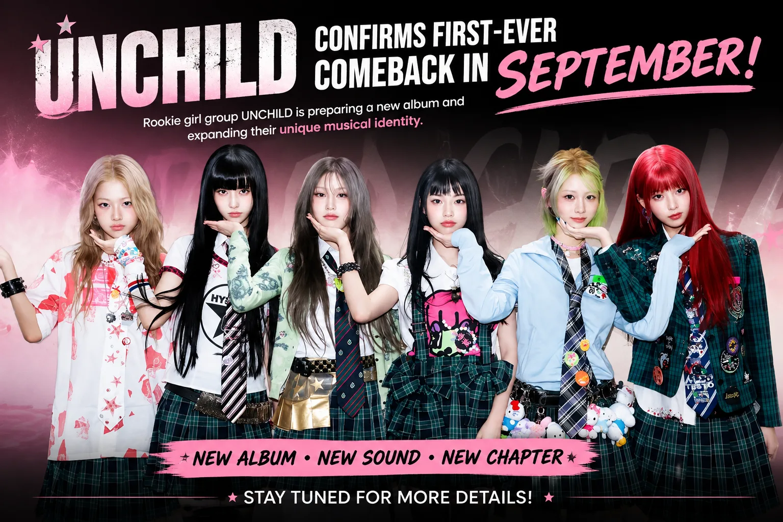 Members of rookie K-pop girl group UNCHILD pose together ahead of their first-ever comeback scheduled for September.